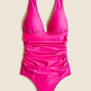 J Crew Ruched Plunge Neck One Piece Swimsuit Bright Pink Size 24
